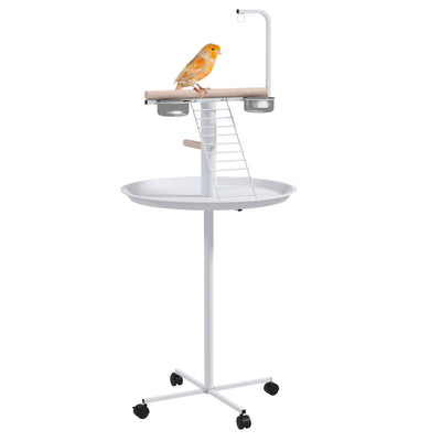 PawHut Bird Stand with Four Wheels, Perches, Stainless Steel Feed Bowls, Round Tray, for Garden, Indoor, Outdoor - White 