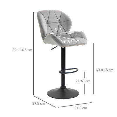 HOMCOM Adjustable Bar Stools Set of 2, Armless Upholstered Swivel Counter Chairs, Barstools with Back, Footrest, Light Grey 