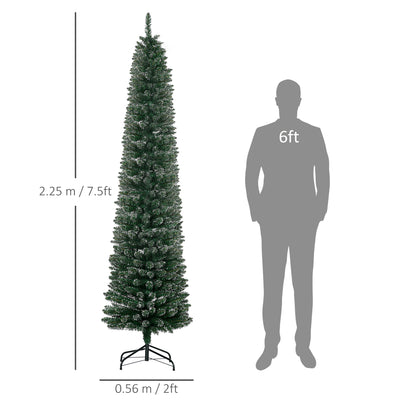 HOMCOM 7.5FT Artificial Snow Dipped Christmas Tree Xmas Pencil Tree Holiday Home Indoor Decoration with Foldable Black Stand, Green 