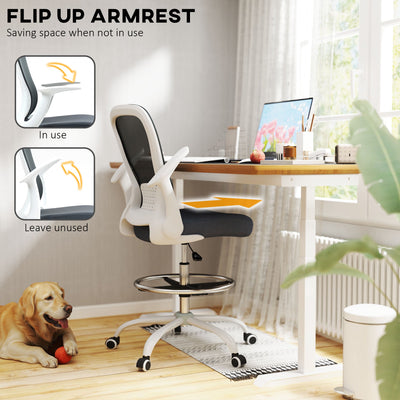 HOMCOM Draughtsman Chair, Mesh Drafting Chair, Ergonomic Office Chair with Flip-up Armrest, Adjustable Foot Ring, Grey 