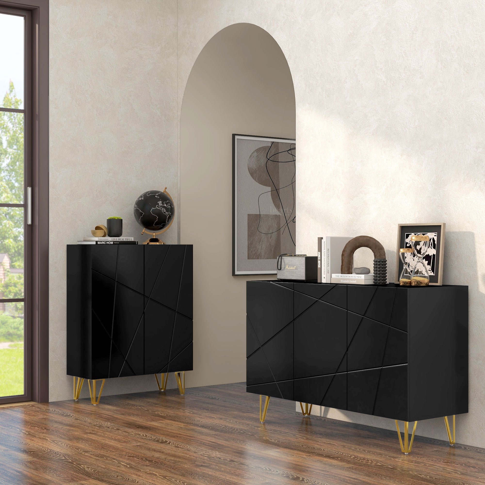 HOMCOM Modern Luxe High Gloss Sideboard with Golden Hairpin Legs, Black 
