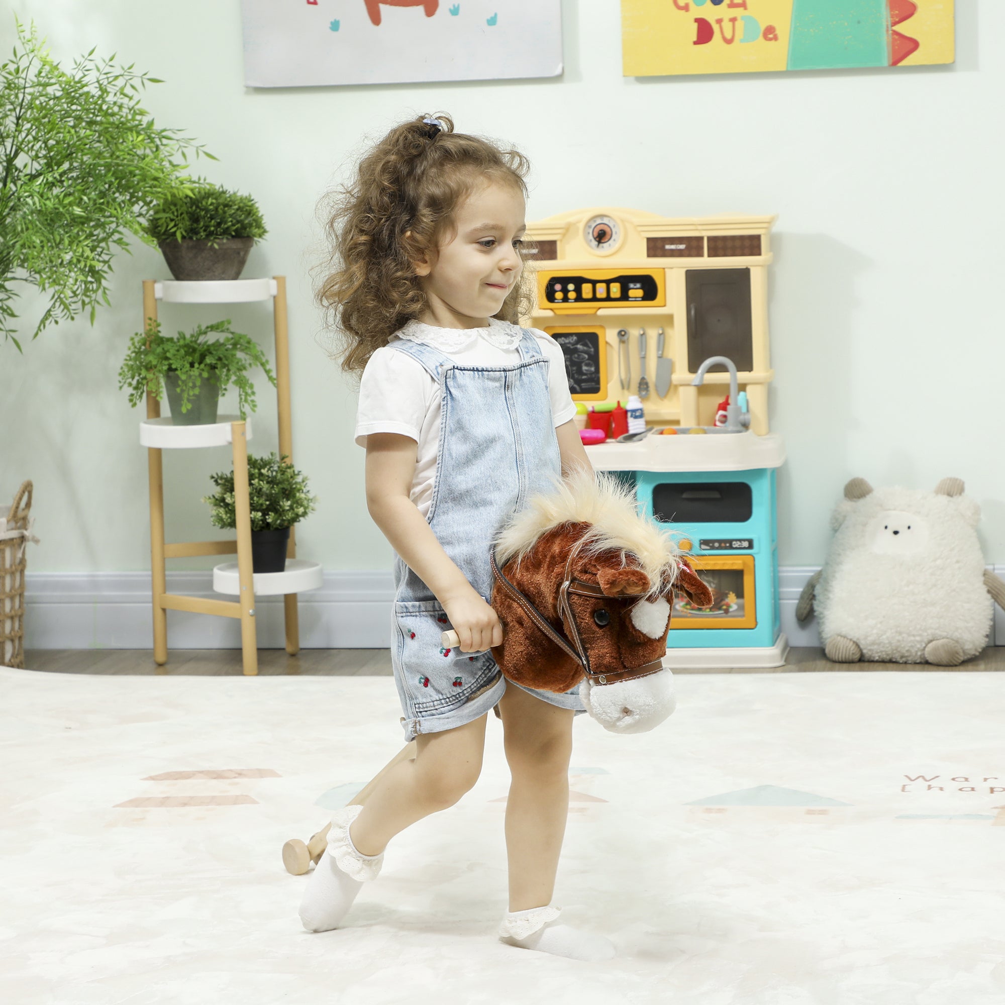 AIYAPLAY Stick Horse with Wood Wheels, Real Pony Neighing and Galloping Sounds, Grip Handle, 95 cm, Brown 