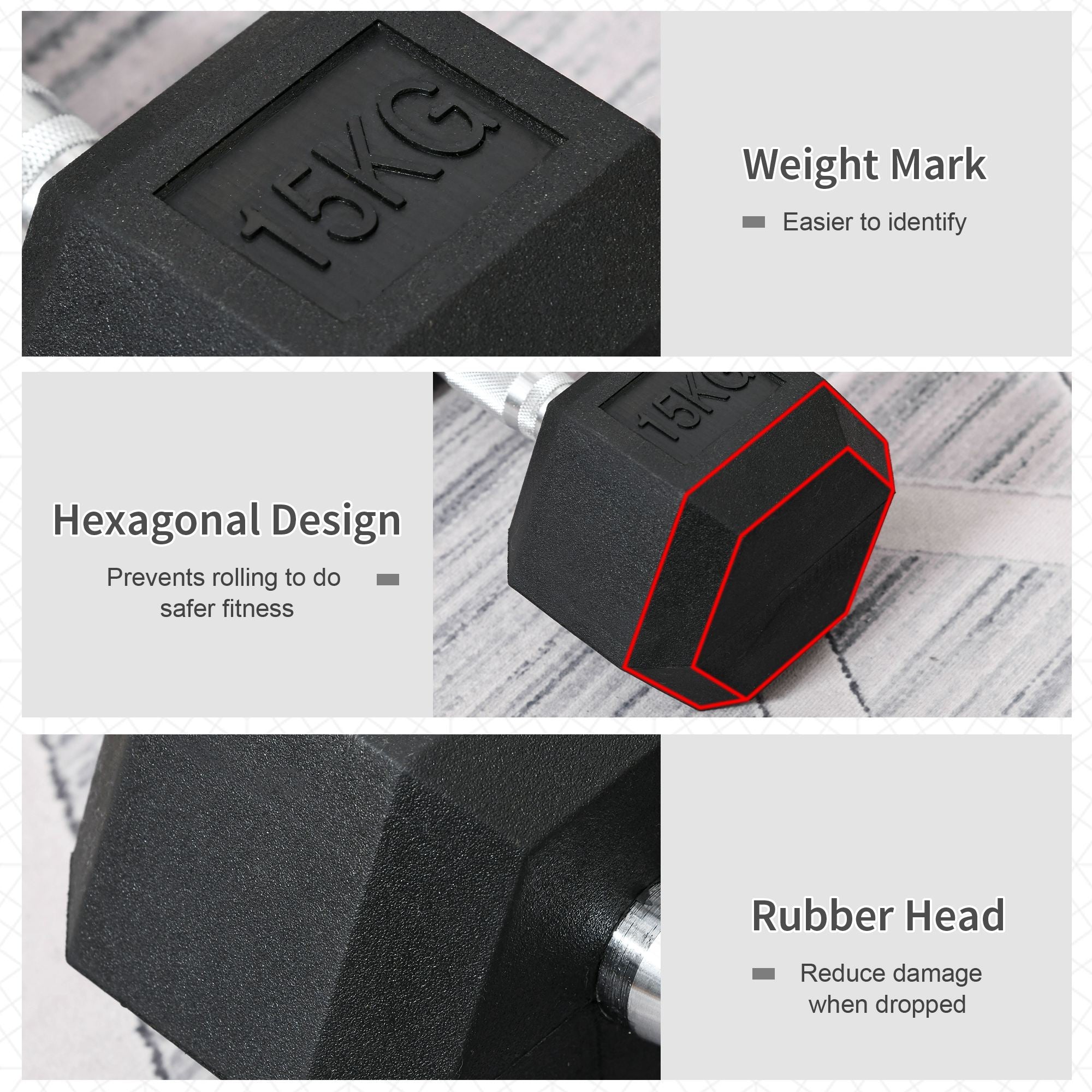 HOMCOM 15KG Single Rubber Hex Dumbbell Portable Hand Weights Dumbbell Home Gym 