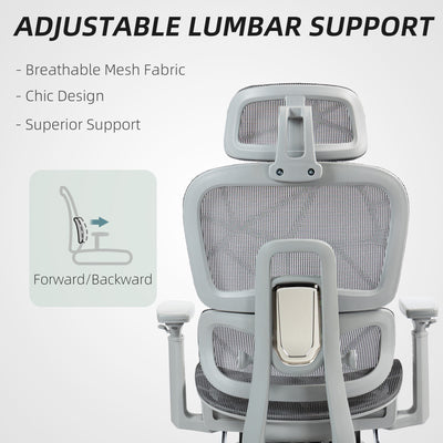 HOMCOM Executive Office Chair, Ergonomic Mesh High Back Desk Chair with Lumbar Support, Reclining Function, Swivel Computer Chair with 3D Armrest, Headrest, Footrest, Grey 