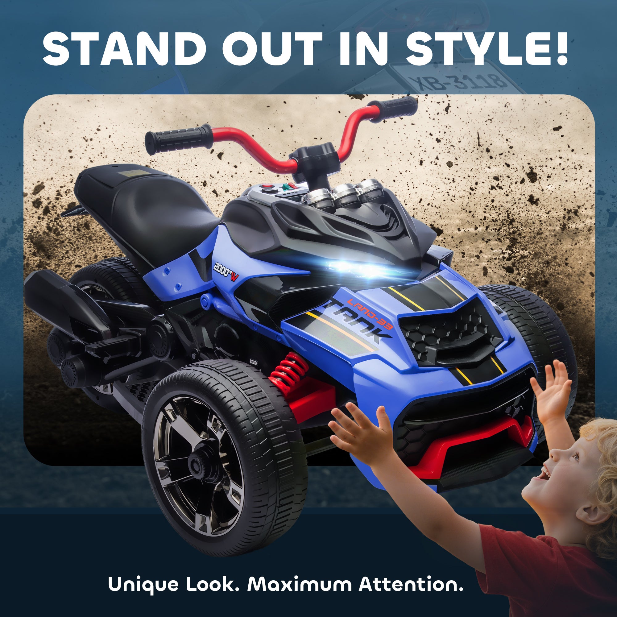 AIYAPLAY 12V Kids Electric Ride On Car with 3 Wheeler, MP3 Player, Horn, 2 Speeds, LED Lights for Boys & Girls Ages 3-8, Blue 