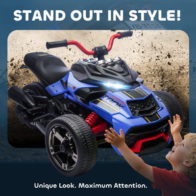 AIYAPLAY 12V Kids Electric Ride On Car with 3 Wheeler, MP3 Player, Horn, 2 Speeds, LED Lights for Boys & Girls Ages 3-8, Blue 