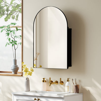 HOMCOM Bathroom Mirror Cabinet with Mirror, Arched Wall Mounted Bathroom Cabinet with Storage Shelves, Black 
