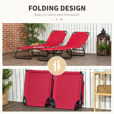 Outsunny Folding Sun Loungers Set of 2, Outdoor Day Bed with 5-Position Adjustable Backrest, Portable Recliner Garden Chairs with Breathable Mesh for Beach, Patio, Wine Red 