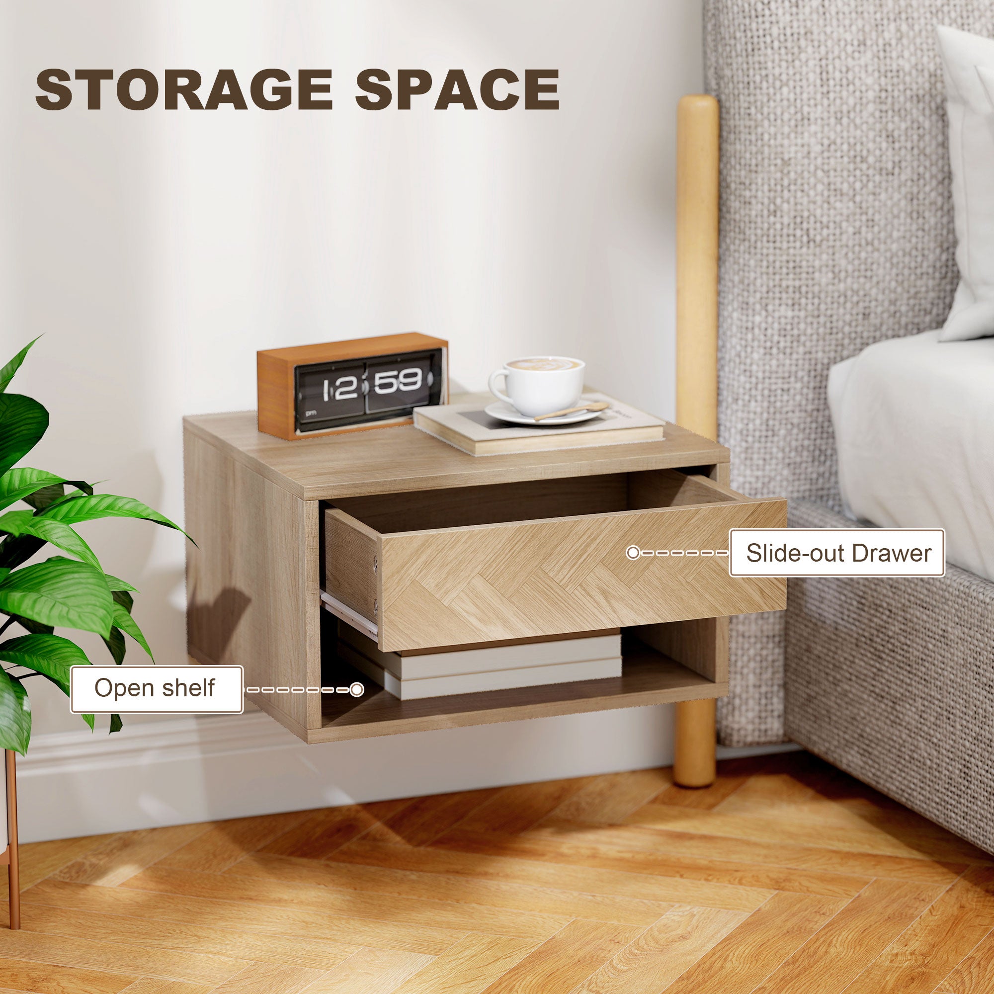 HOMCOM Set of Two Floating Bedside Tables - Natural Wood Finish 