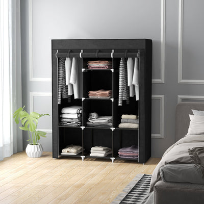 HOMCOM Fabric Wardrobe, Portable Wardrobe, Clothes Storage Unit with 8 Shelves, 2 Hanging Rods, 125 x 43 x 162.5 cm, Black 