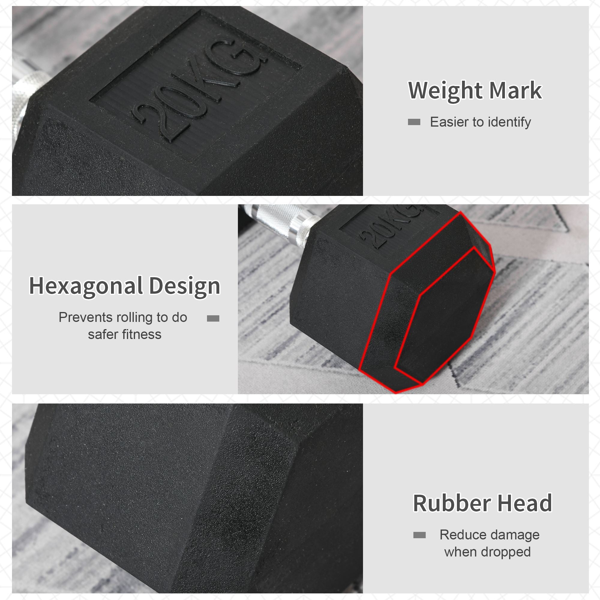 HOMCOM 20KG Single Rubber Hex Dumbbell Portable Hand Weights Dumbbell Home Gym 