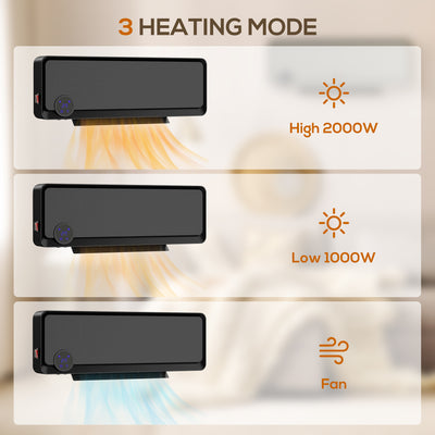 HOMCOM Wall Downflow Heater 2 Heat and Fan 1000W/2000W, Electric Space Heater with Timer Remote Oscillating, for Bedroom Home Office, Black 