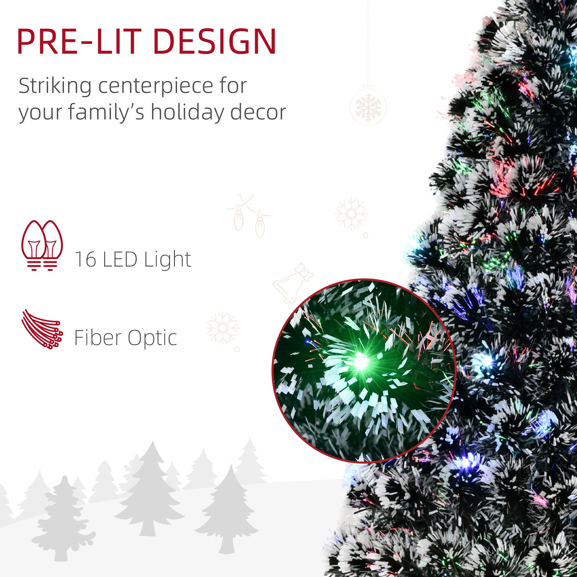 HOMCOM 4ft Artificial Prelit Christmas Tree, Snow Xmas Tree with Colourful LED Lighting Fiber Optics, Green White 