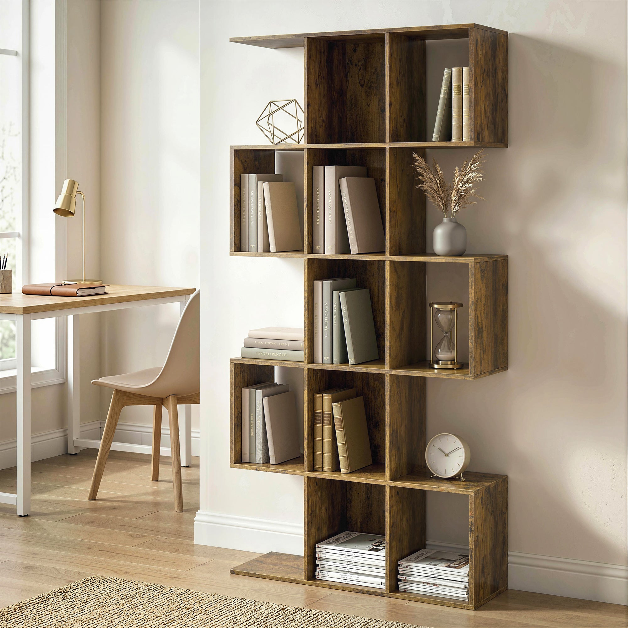 HOMCOM 5-Tier Bookshelf, S Shaped Geometric Bookcase with 15 Compartments, Rustic Brown 