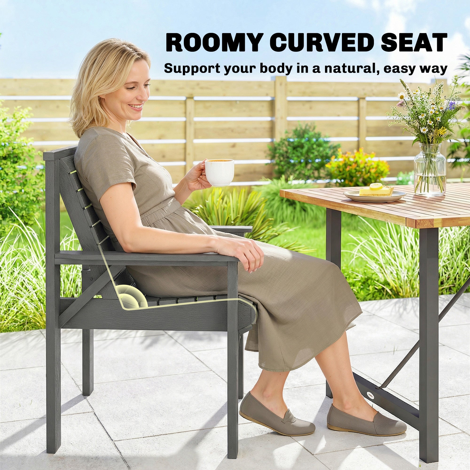 Outsunny Wooden Garden Dining Chair, Outdoor Chair Garden Armchair with Curved Seat and Wide Armrests, Grey Embossed Finish 