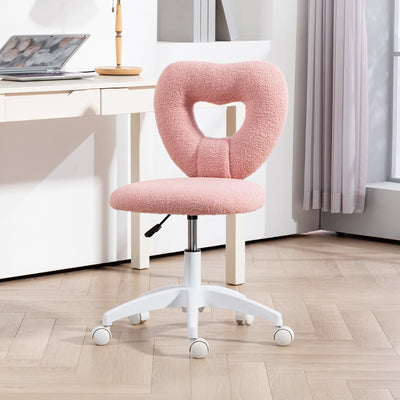 HOMCOM Armless Heart Computer Desk Chair, Teddy Fleece Swivel Office Chair, Makeup Vanity Chair with Height Adjustable, Wheels, for Home Study Bedroom, Pink 