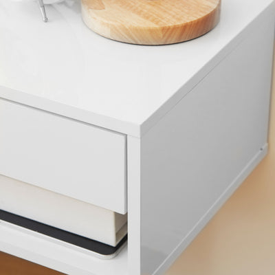 HOMCOM 2 Pieces Bedside Table Wall Mounted Nightstand with Drawer and Shelf for Bedroom, 37 x 32 x 21cm, High Gloss White 