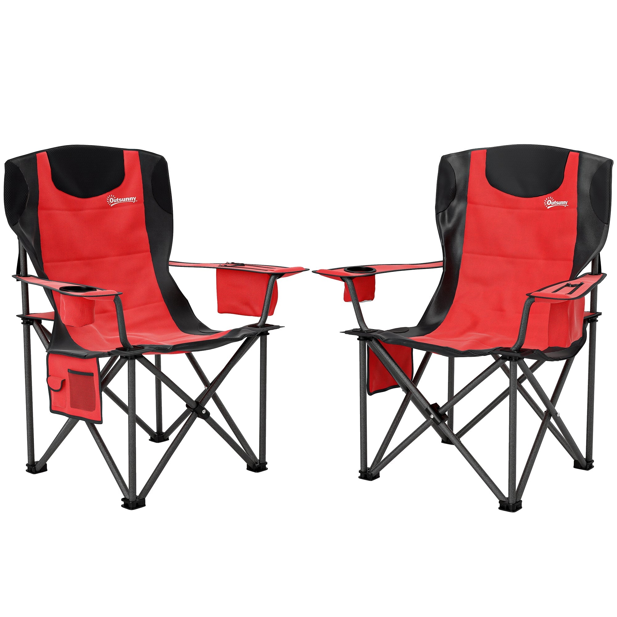 Outsunny Set of 2 Folding Camping Chairs, Padded Camping Chairs with Adjustable Armrests, Portable & Lightweight Folding Camp Chair with Cooler Bag, Cup Holder and Side Pockets, Red 