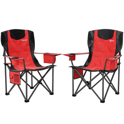Outsunny Set of 2 Folding Camping Chairs, Padded Camping Chairs with Adjustable Armrests, Portable & Lightweight Folding Camp Chair with Cooler Bag, Cup Holder and Side Pockets, Red 