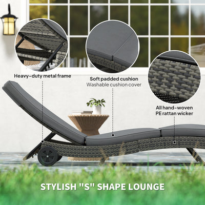 Outsunny Patio Wicker Chaise Lounge Chair, Outdoor PE Rattan Sun Lounger with Adjustable Backrest and 2 Wheels, Dark Grey 