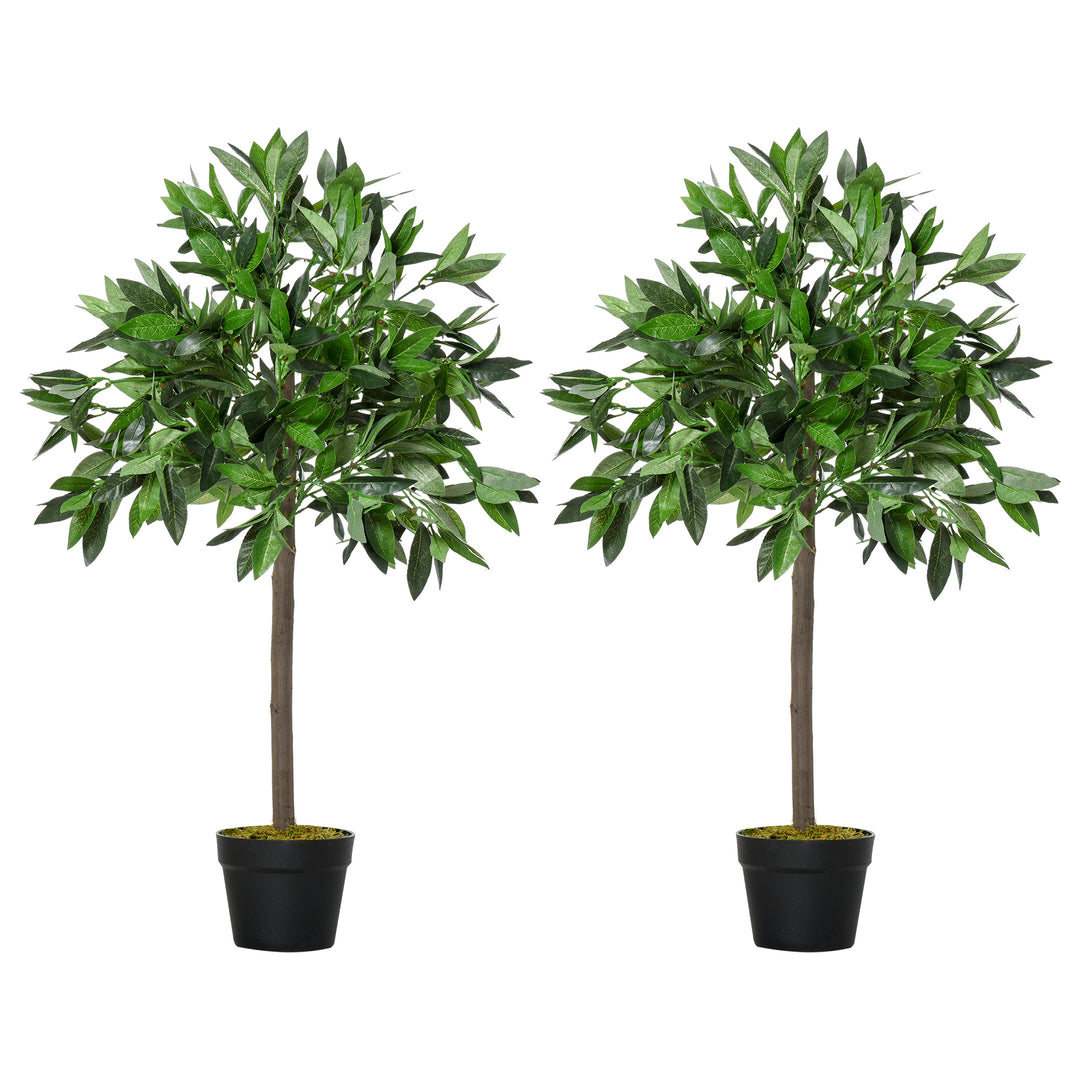 Outsunny Set Of 2 90cm/3FT Artificial Bay Laurel Topiary Trees w/ Pot Fake Indoor Outdoor Greenery Plant Home Office Garden Decor Green 