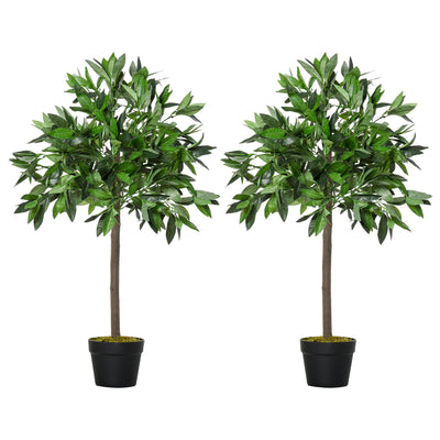 Outsunny Set Of 2 90cm/3FT Artificial Bay Laurel Topiary Trees w/ Pot Fake Indoor Outdoor Greenery Plant Home Office Garden Decor Green 