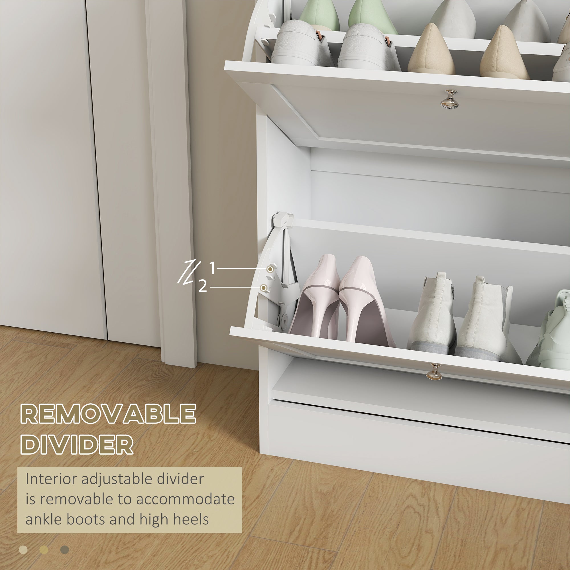 HOMCOM Narrow Shoe Cabinet with 2 Flip Drawers and Adjustable Shelves - White