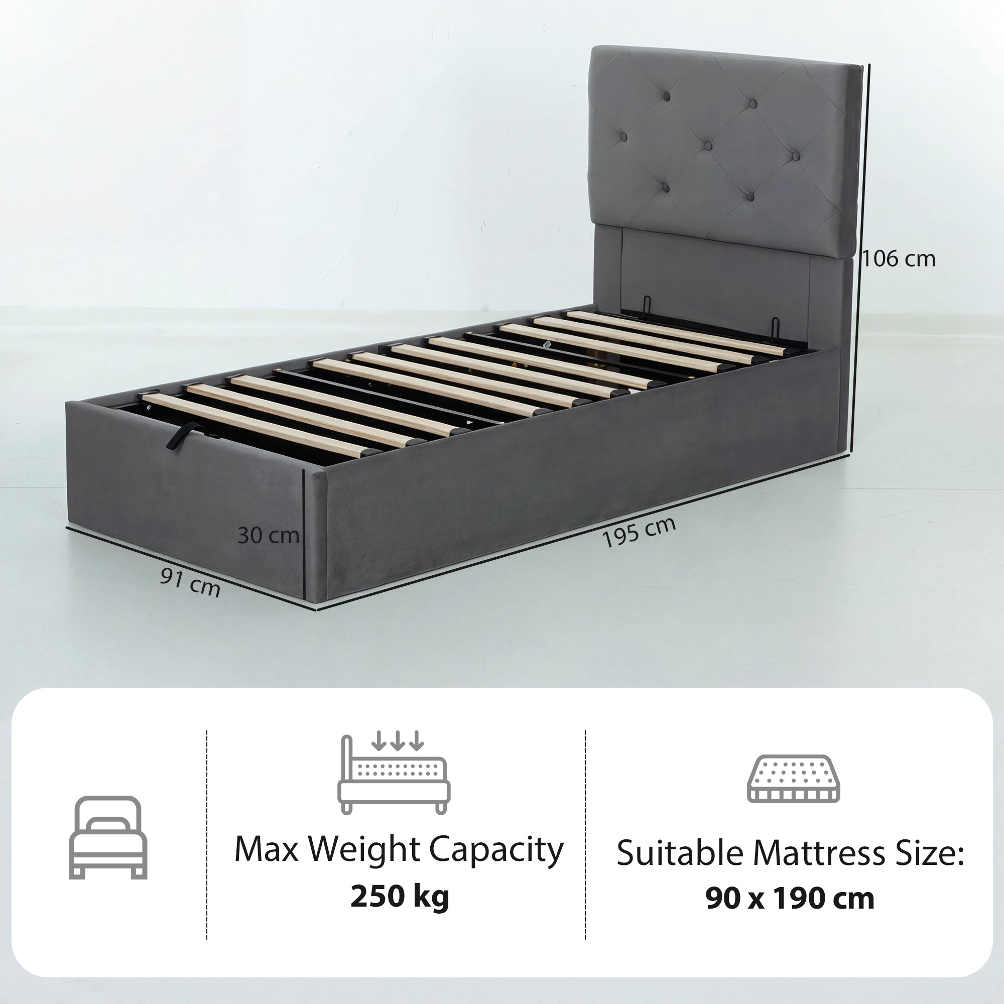HOMCOM Single Bed Frame Gas Side Lift Under Bed Storage Upholstered Platform Bed Tufted Headboard for 90 x 190 cm Mattress 