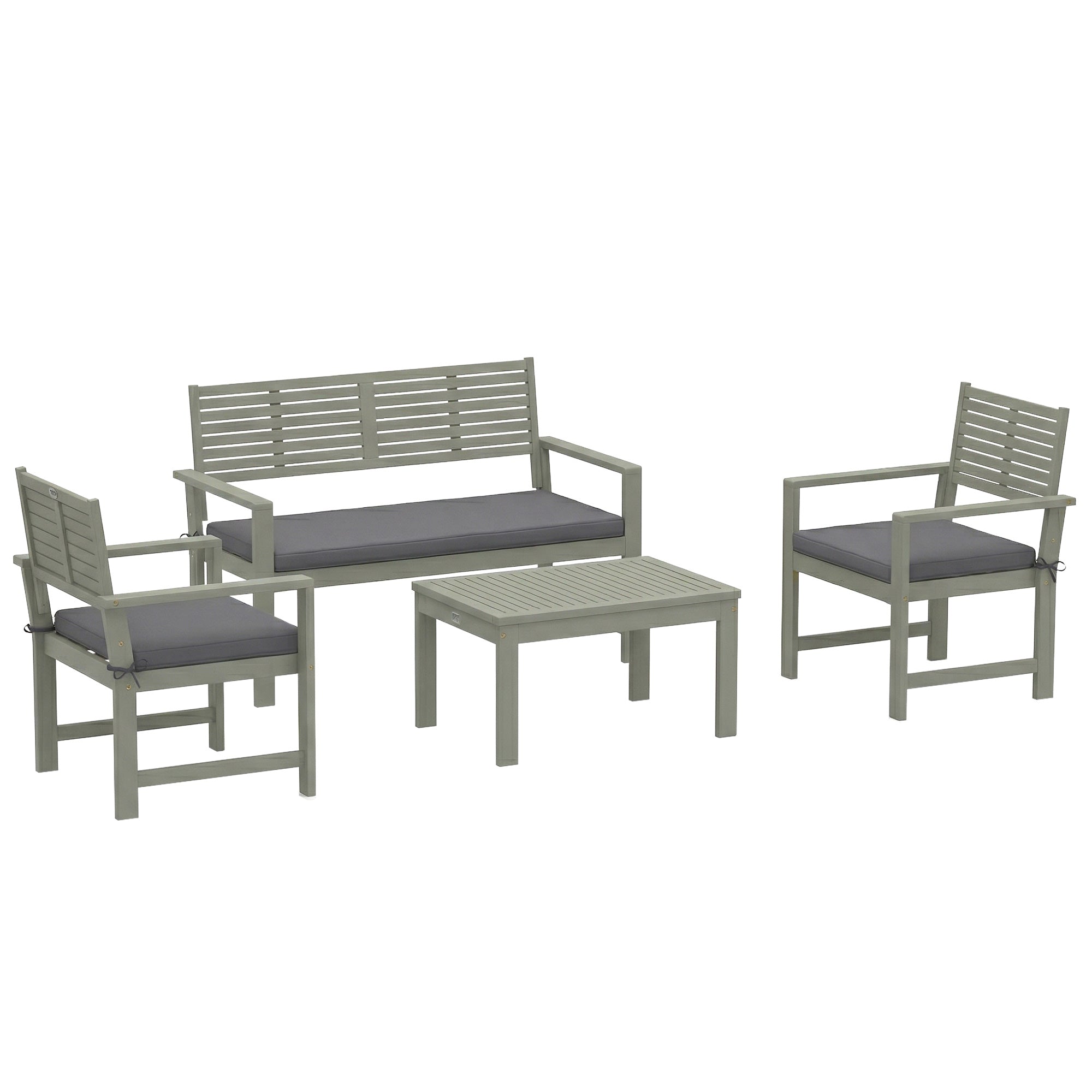 Outsunny 4 Seater Wooden Garden Furniture Set with Loveseat, Armchairs, Table, Acacia Wood Garden Sofa Set, Light Grey 