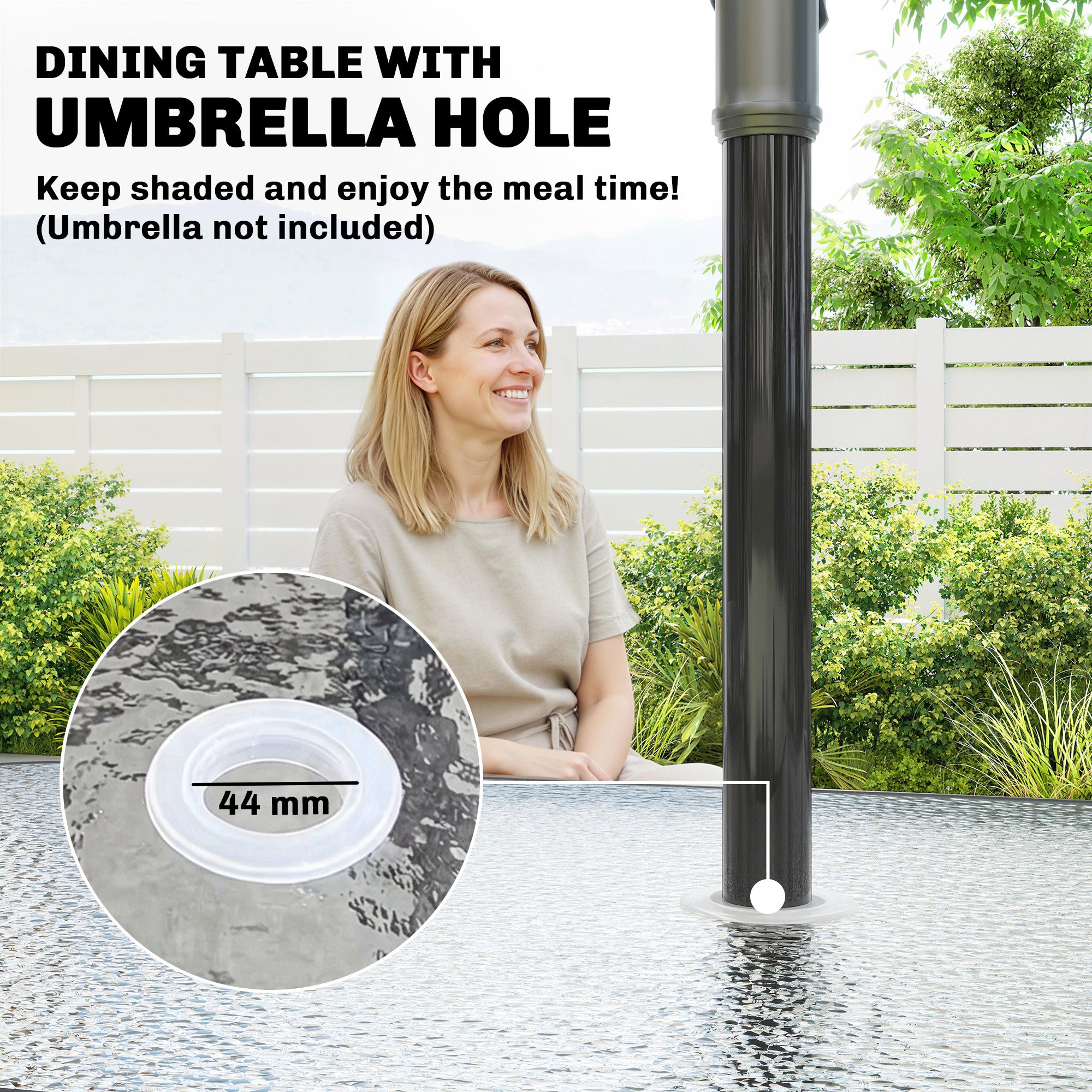 Outsunny Garden Dining Set for 4 with Umbrella Hole, Stackable Chairs and Rectangular Glass-Top Outdoor Table, Light Grey 