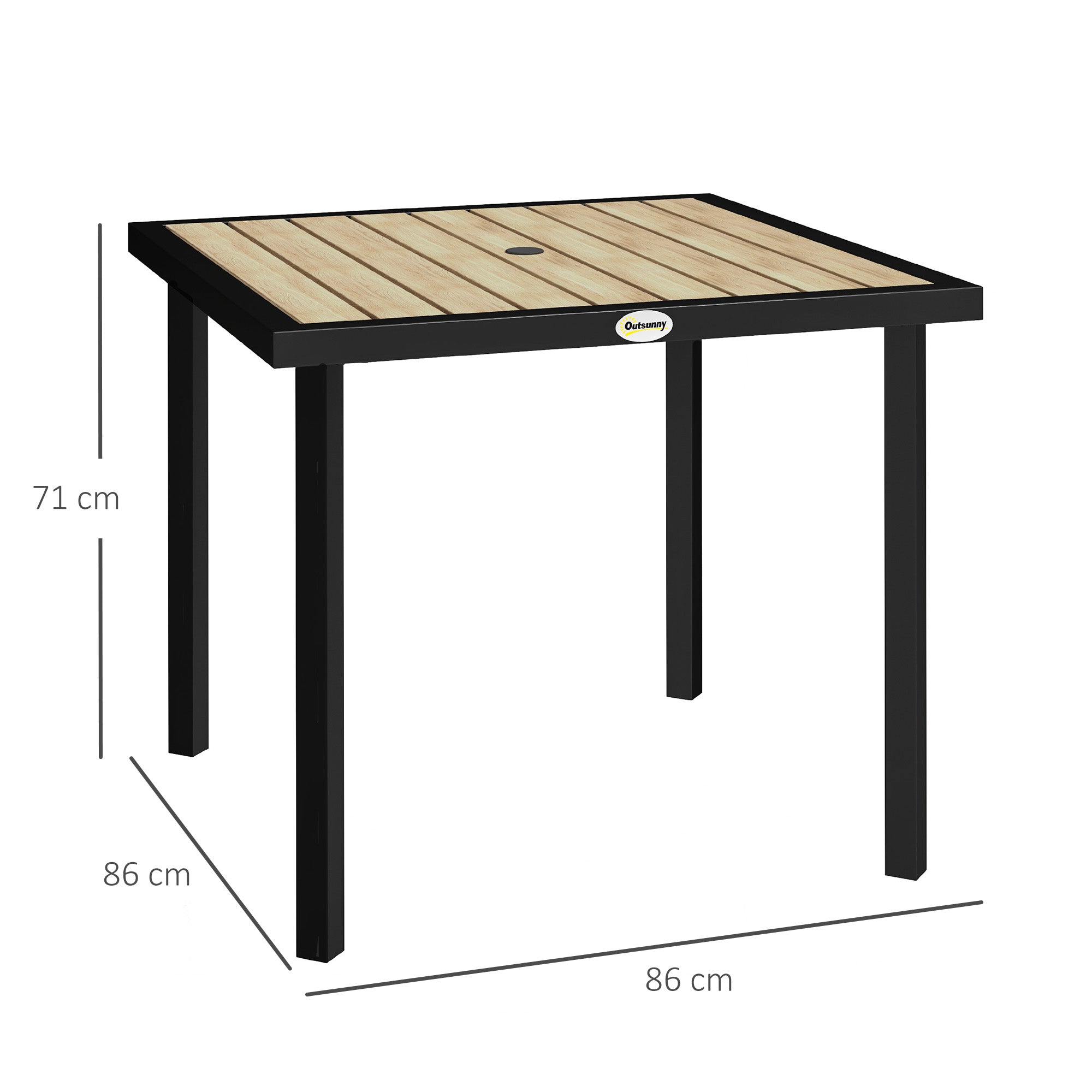 Outsunny Square Garden Dining Table with 5.4cm Parasol Hole, Slatted Top, Metal Frame, 86 x 86 x 71cm, Brown 