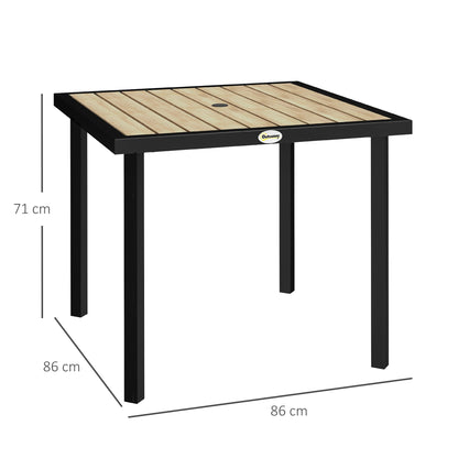 Outsunny Square Garden Dining Table with 5.4cm Parasol Hole, Slatted Top, Metal Frame, 86 x 86 x 71cm, Brown 