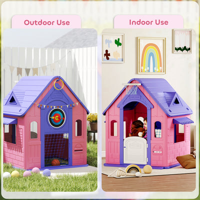 AIYAPLAY 5-in-1 Playhouse for Kids Outdoor Indoor with Basketball Hoop, Football Goal, Dartboard, Ring Toss for 2-5 Years, Pink 