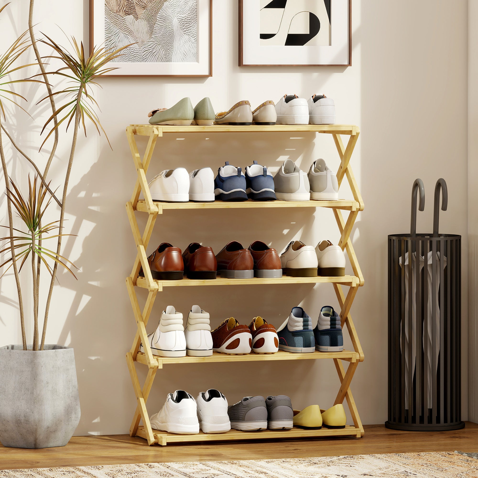 HOMCOM Five-Tier Folding Bamboo Shoe Rack - Natural Finish 
