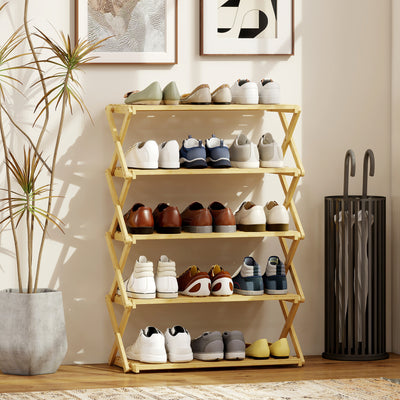 HOMCOM Five-Tier Folding Bamboo Shoe Rack - Natural Finish 
