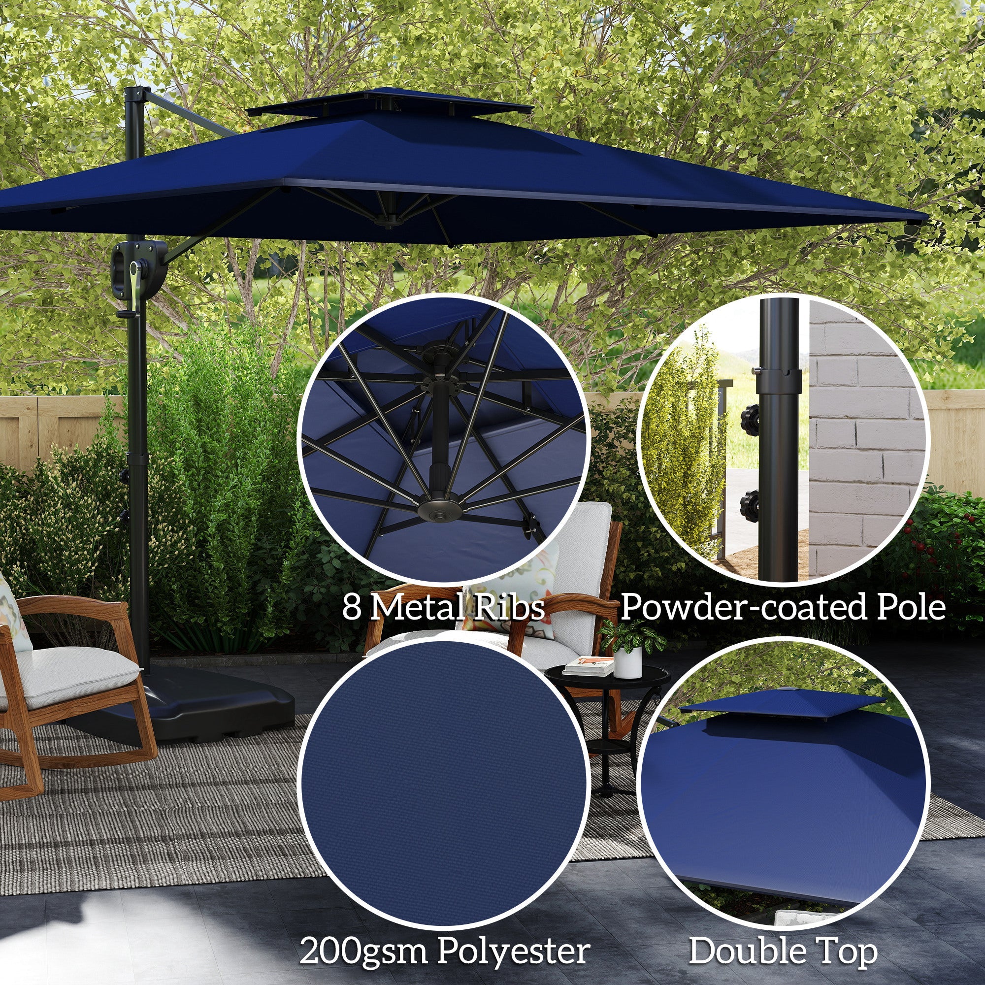 Outsunny Cantilever Parasol with Weighted Base Double Top Garden Parasol Square Hanging Patio Umbrella with Crank Tilt Dark Blue 