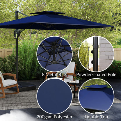Outsunny Cantilever Parasol with Weighted Base Double Top Garden Parasol Square Hanging Patio Umbrella with Crank Tilt Dark Blue 