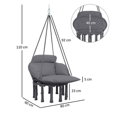 Outsunny Hanging Chair Outdoor Hammock Chair with Soft Cushion, Cotton Rope Boho Style Swing Chair, Hanging Garden Swing Seat for Indoor Outdoor, Dark Grey 