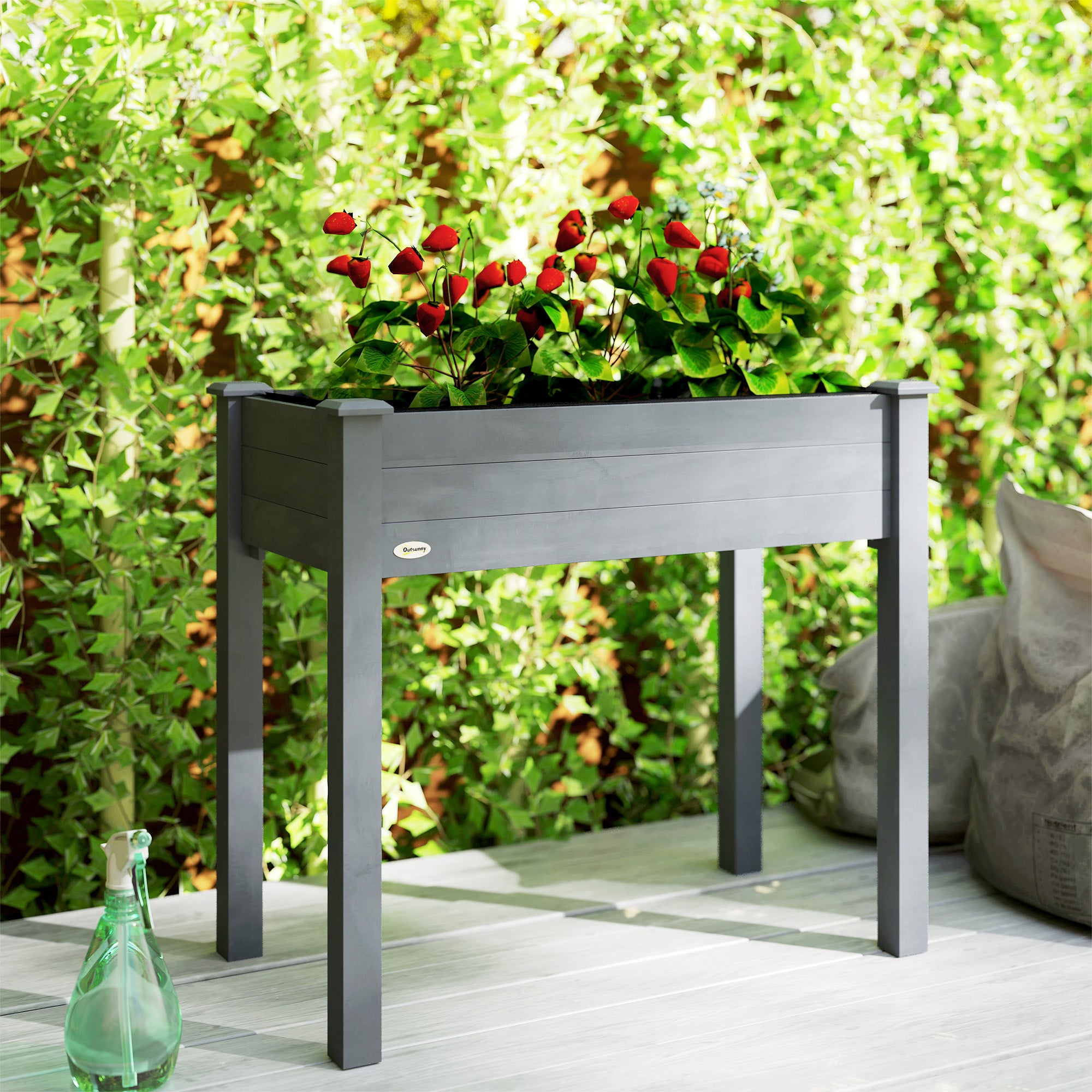 Outsunny Raised Bed for Garden, Wooden Elevated Planter Box with Bed Liner, for Flower Vegetable Herb, Dark Grey 