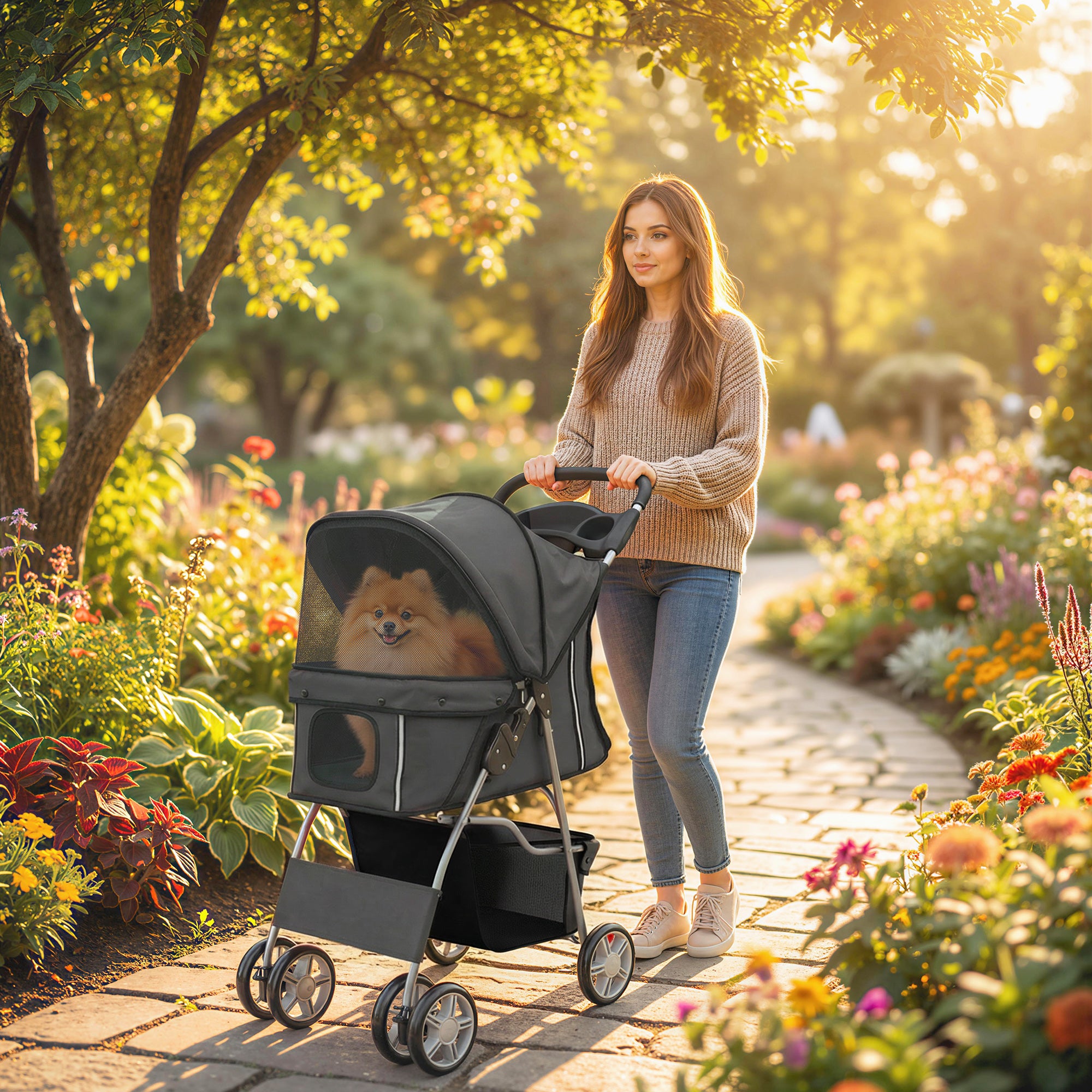PawHut Dog Pram, Pet Stroller with Reflective Strips, Foldable Cat Stroller with 360° Swivel Wheels, Dark Grey 