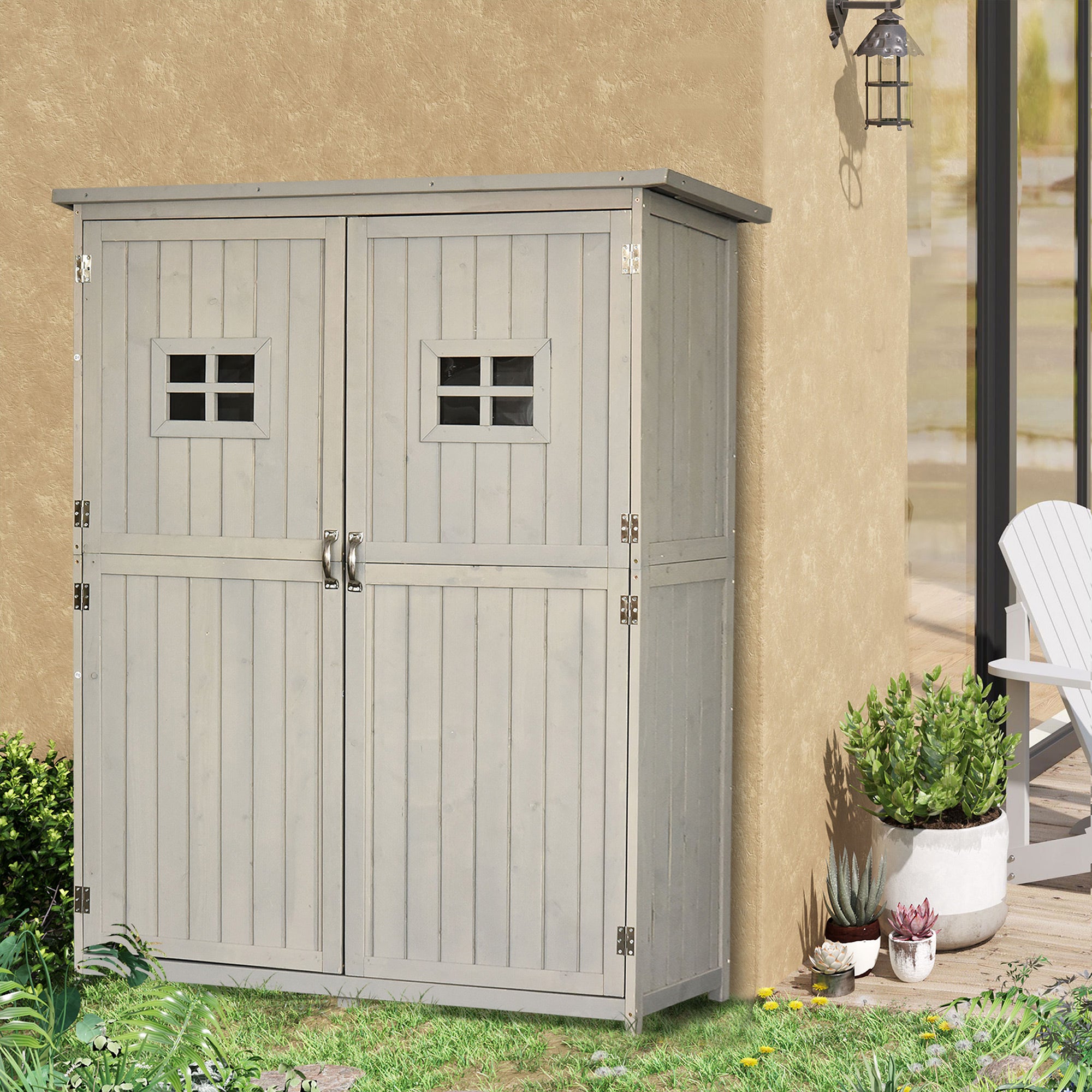Outsunny Wooden Garden Shed with Two Windows, Tool Storage Cabinet, Outdoor Double Door Organizer 127.5L x 50W x 164H cm, Grey 