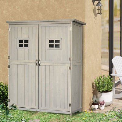 Outsunny Wooden Garden Shed with Two Windows, Tool Storage Cabinet, Outdoor Double Door Organizer 127.5L x 50W x 164H cm, Grey 