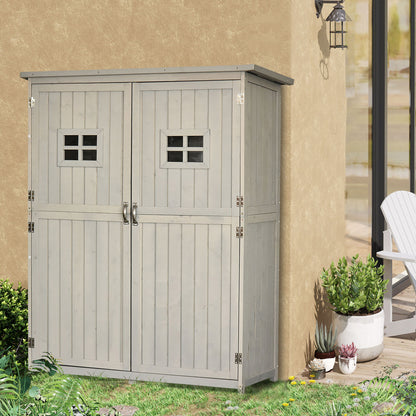 Outsunny Wooden Garden Shed with Two Windows, Tool Storage Cabinet, Outdoor Double Door Organizer 127.5L x 50W x 164H cm, Grey 