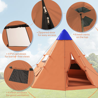 Outsunny 6 Men Tipi Tent with Carry Bag - Orange 