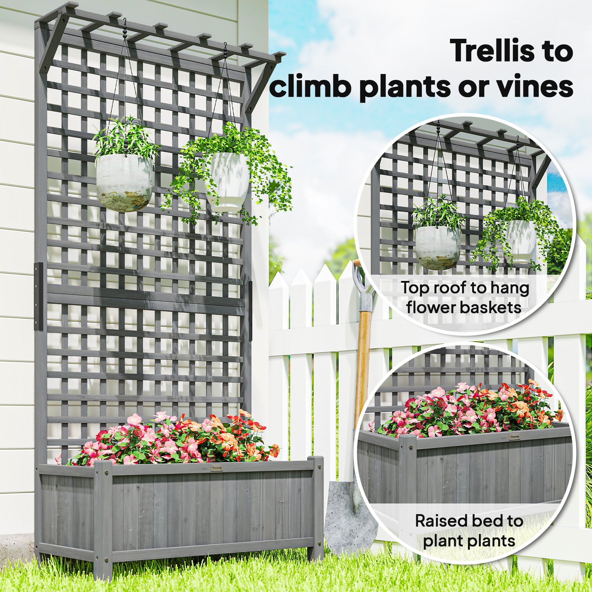 Outsunny Raised Bed with Drainage Holes, Wood Planter with Trellis for Climbing Plants, Dark Grey 