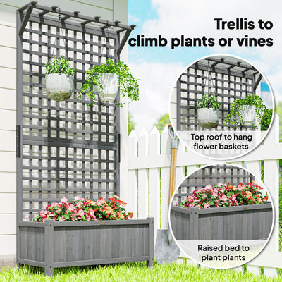 Outsunny Raised Bed with Drainage Holes, Wood Planter with Trellis for Climbing Plants, Dark Grey 