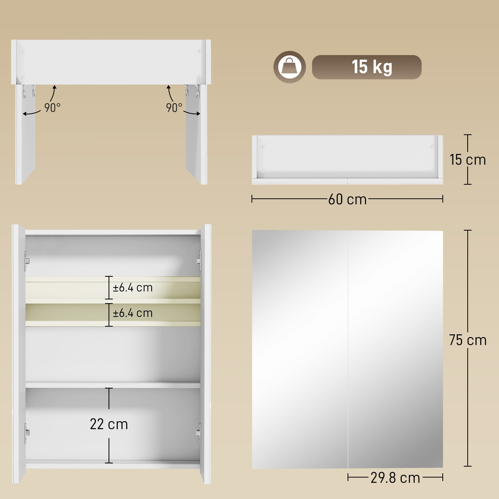 HOMCOM Wall Mounted Bathroom Mirror Storage Cabinet w/ Door Adjustable Shelf, White 