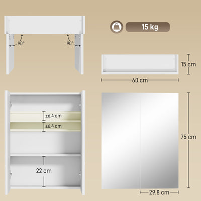 HOMCOM Wall Mounted Bathroom Mirror Storage Cabinet w/ Door Adjustable Shelf, White 