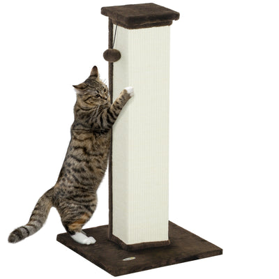 PawHut 81cm Cat Scratcher, Vertical Full Scratcher w/ Natural Sisal Rope, Hanging Ball, Soft Plush - Brown 