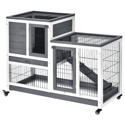 PawHut Wooden Indoor Rabbit Hutch Guinea Pig House Bunny Small Animal Cage W/ Wheels Enclosed Run 110 x 50 x 88 cm, Grey 
